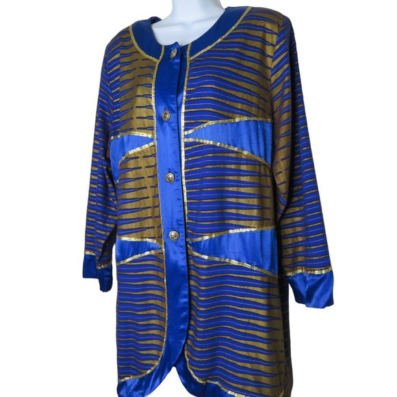 Vintage 70s Mod Coat Jacket L Blue Gold Mid Length Buttons Shoulder Pads Boho - Picture 8 of 15